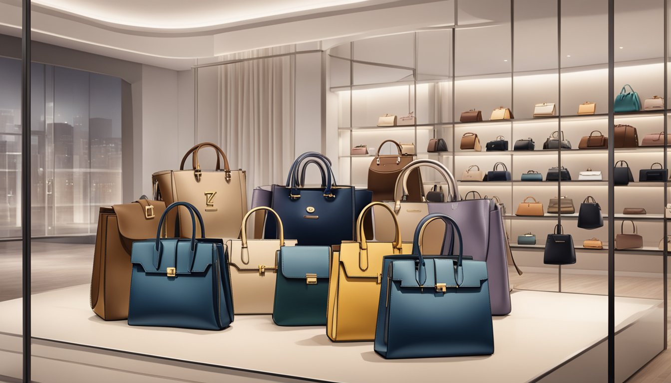 A display of branded handbags for women with a sign reading "Frequently Asked Questions" in a stylish and elegant setting