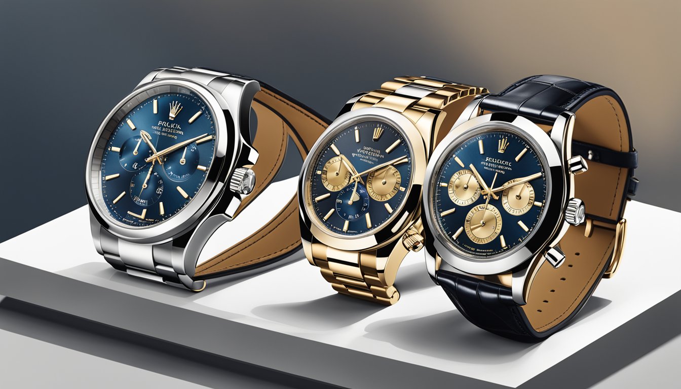 A display of iconic luxury watch brands, featuring Rolex, Patek Philippe, and Audemars Piguet timepieces on a sleek, modern watch stand