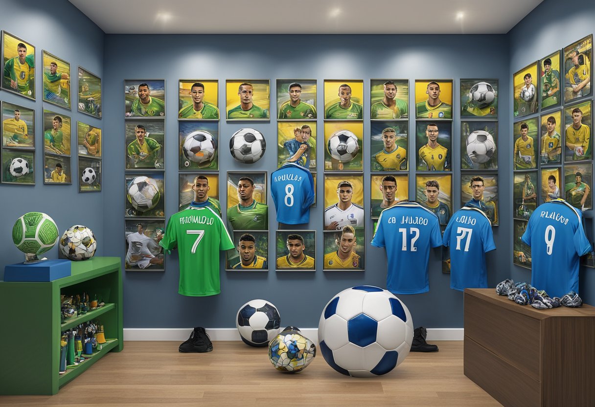 Ronaldo Jr's soccer trophies, jerseys, and posters cover the walls. His name shines on a personalized soccer ball and a framed photo with his team
