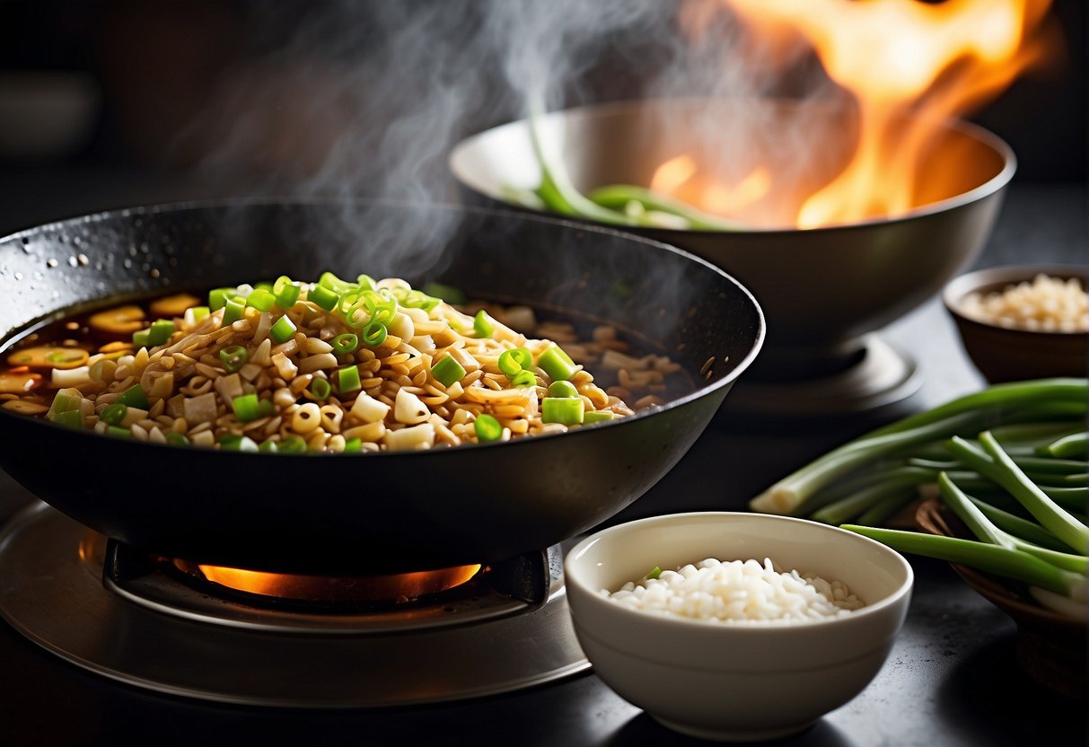 A wok sizzles as soy sauce, ginger, garlic, and sugar blend in a bubbling concoction. Green onions and sesame oil are added for a finishing touch