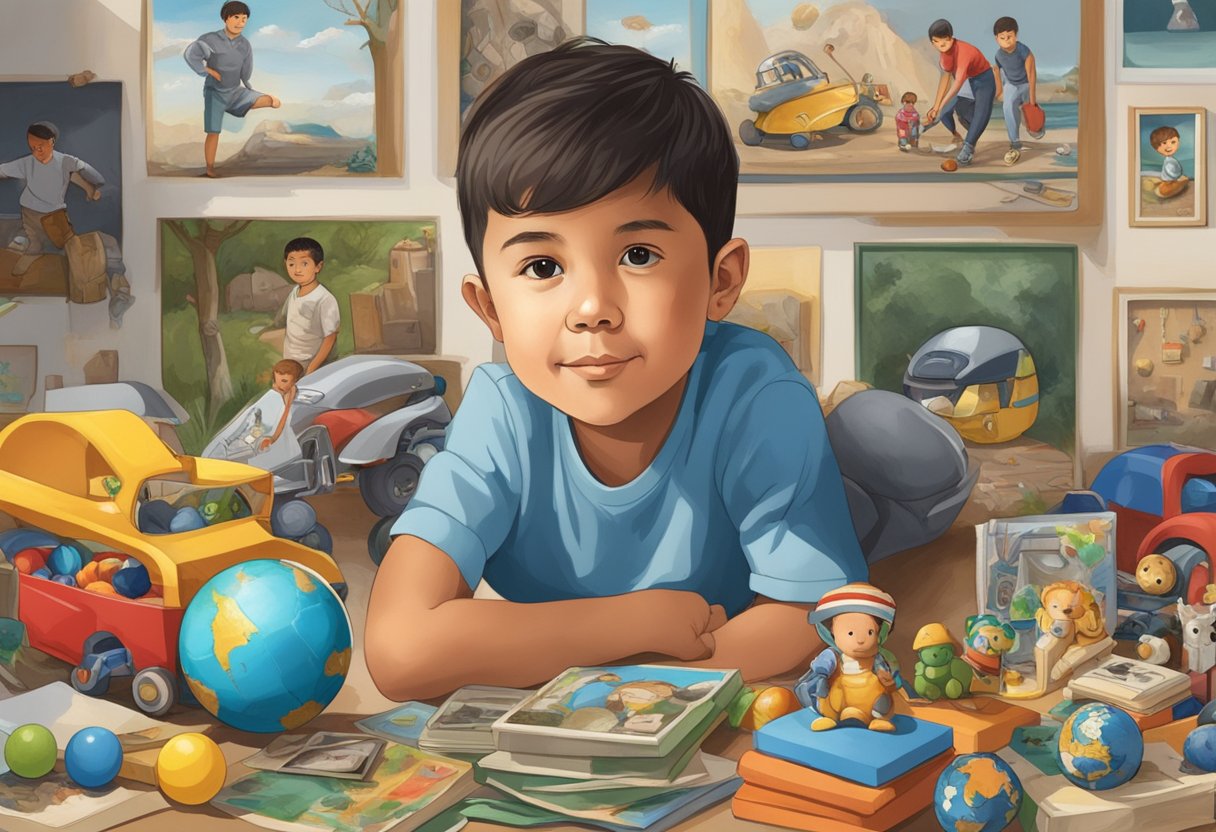 A young boy sits surrounded by family photos and toys, representing the early life of Ronaldo Jr