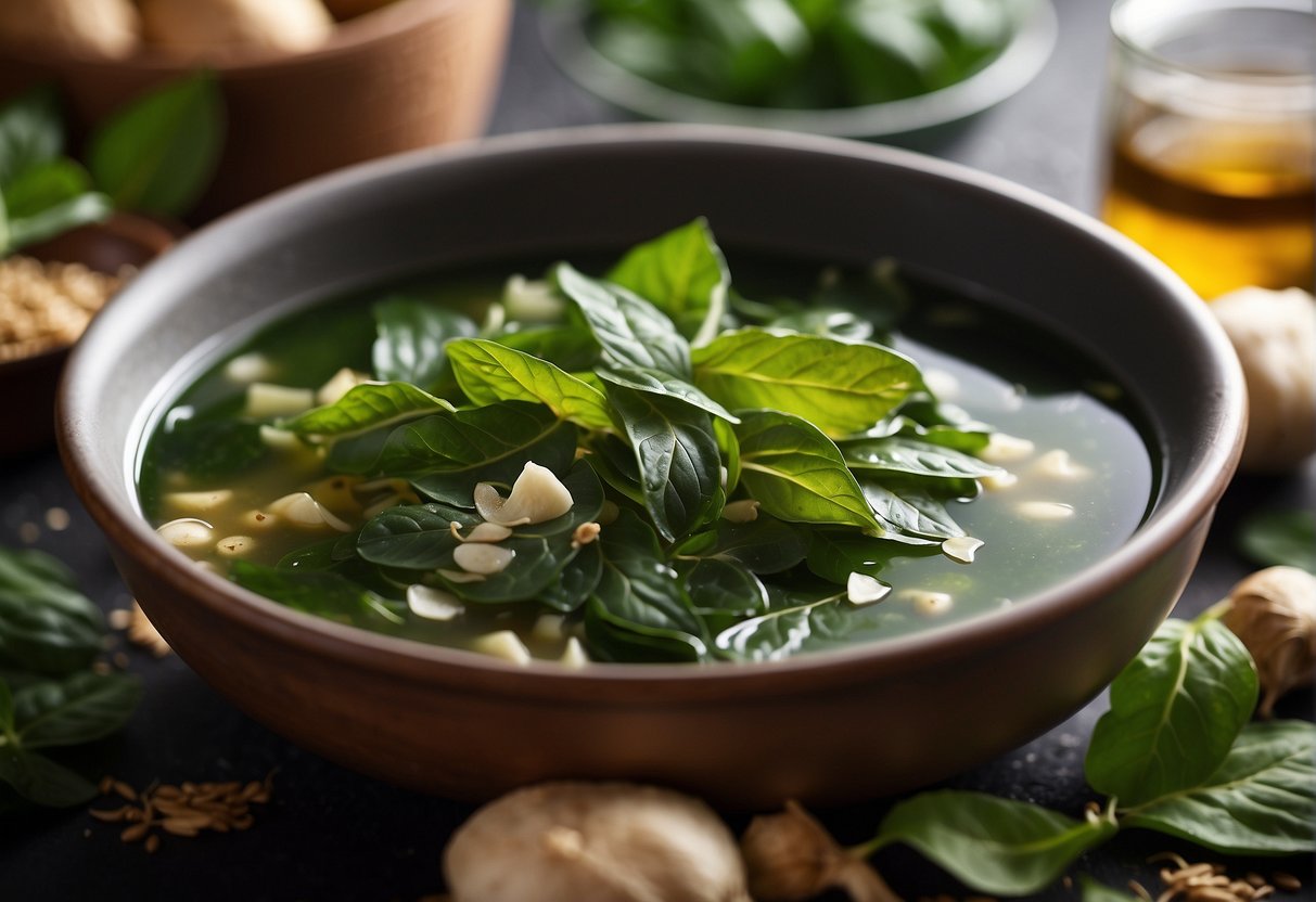 Amaranth leaves simmer in a fragrant Chinese soup, surrounded by ginger, garlic, and other aromatic ingredients