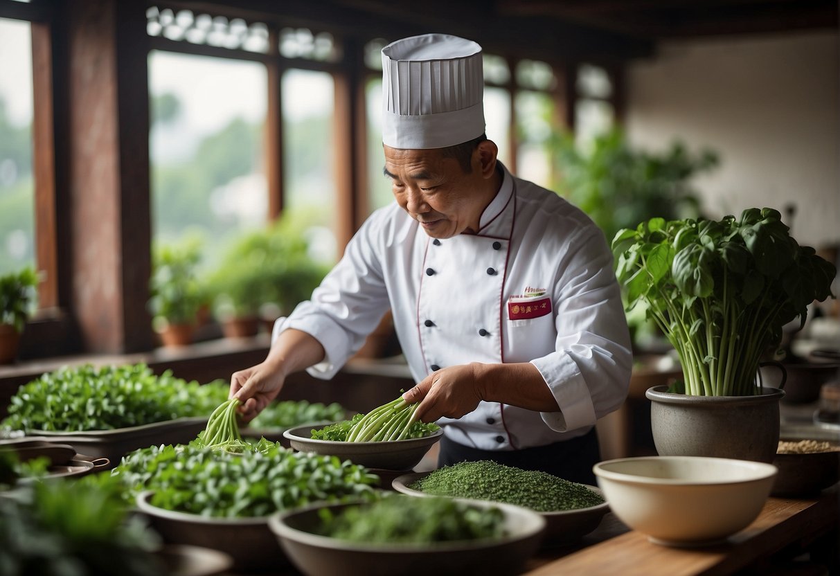 Amaranth plants grow in a traditional Chinese garden. A chef prepares amaranth soup in a bustling kitchen. The finished dish is served at a festive banquet