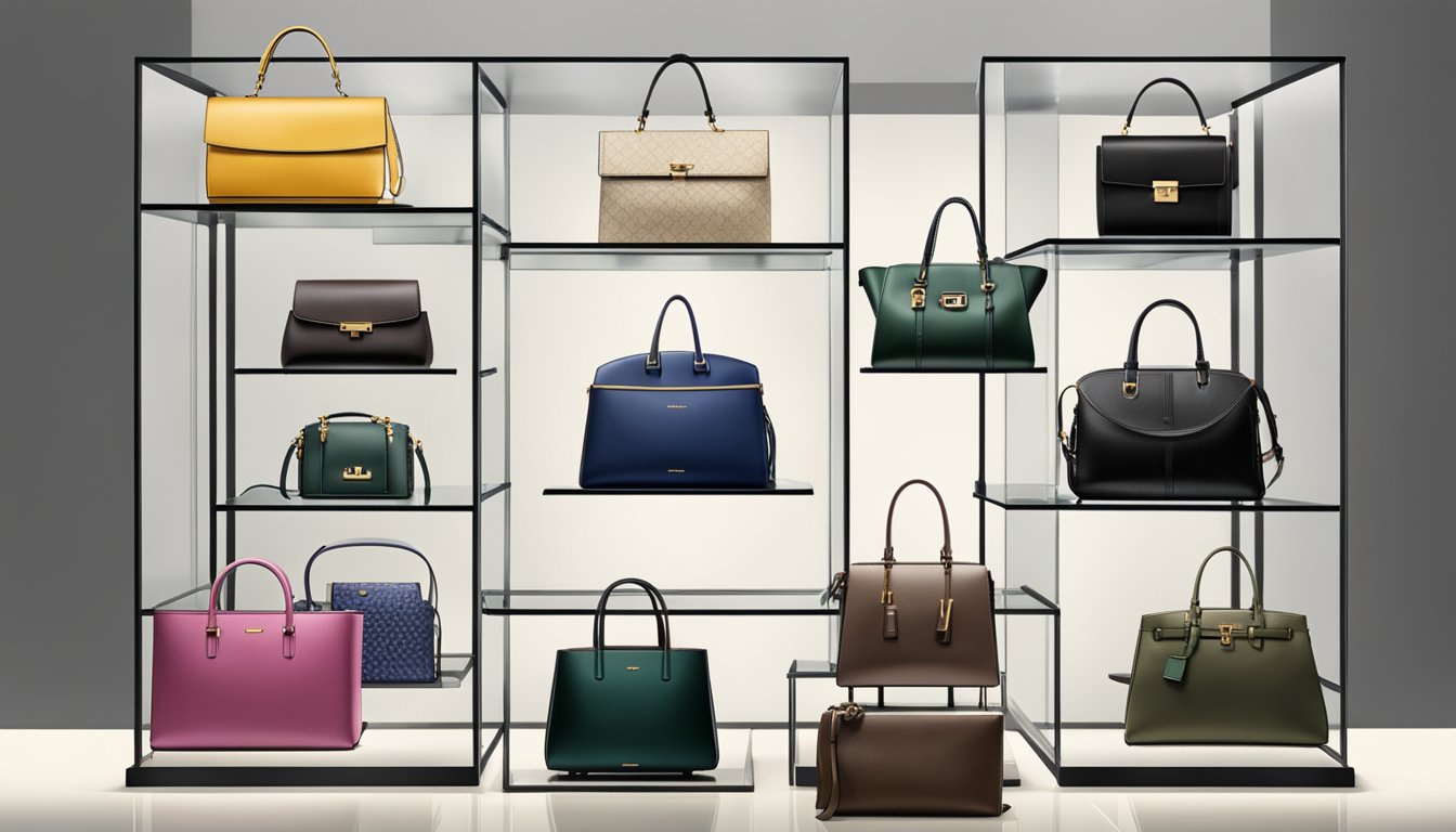A display of top 10 branded bags in Singapore, arranged on a sleek glass shelf with soft spotlighting, showcasing the luxury and elegance of the designer accessories