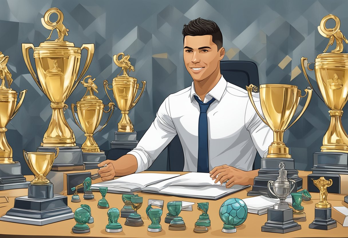Ronaldo Jr. at work, surrounded by awards and trophies, confidently leading a team meeting