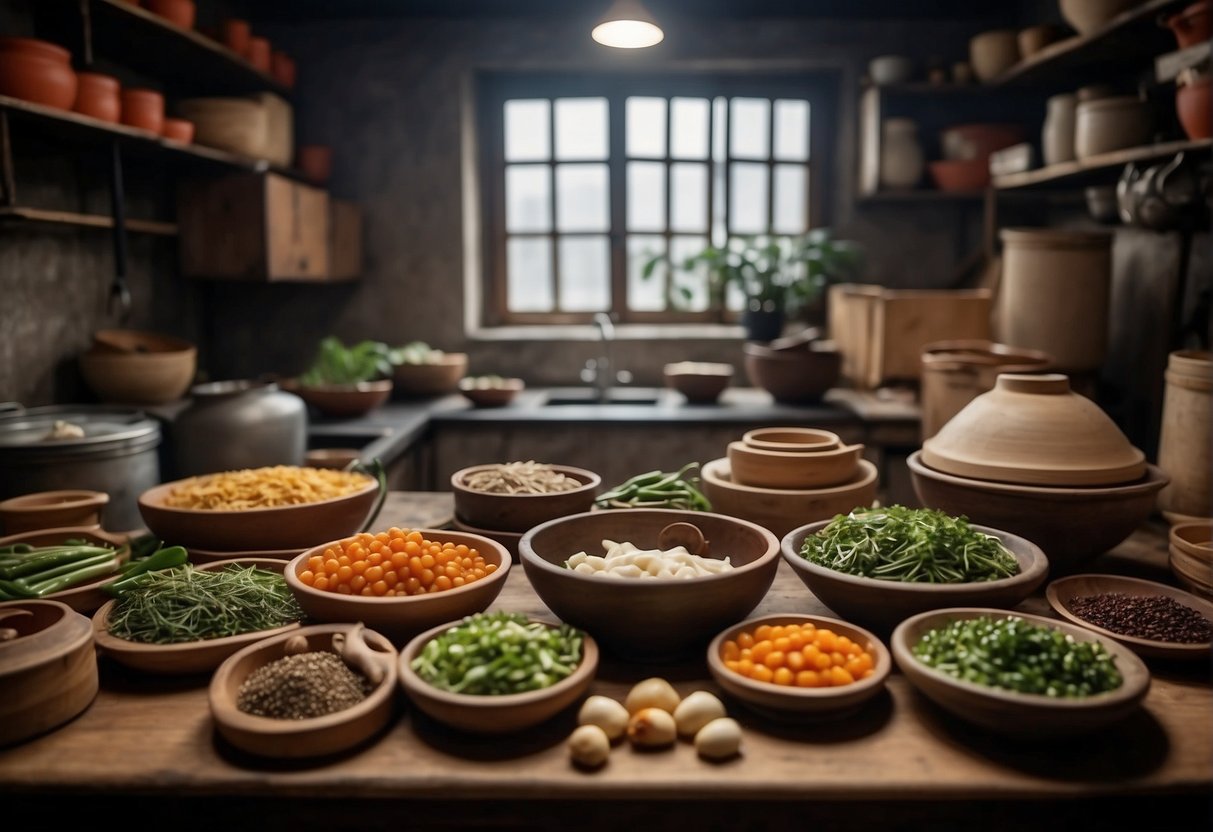 A traditional Chinese kitchen with various ingredients and utensils for making sauces