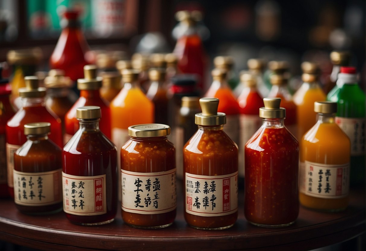 A table filled with various Chinese sauces in colorful bottles and jars, with labels written in Chinese characters