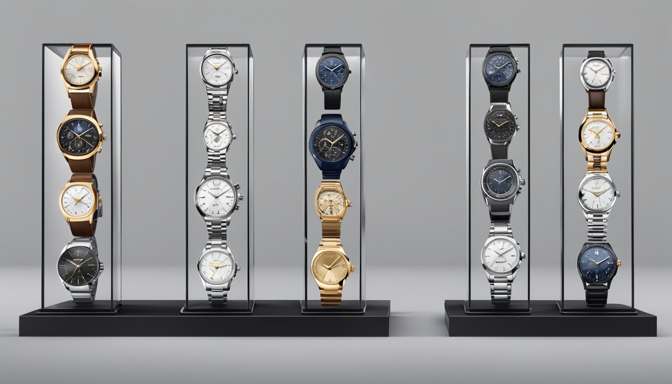 A display of luxury watch brands, each with unique styles and functions, showcased on a sleek, modern display stand