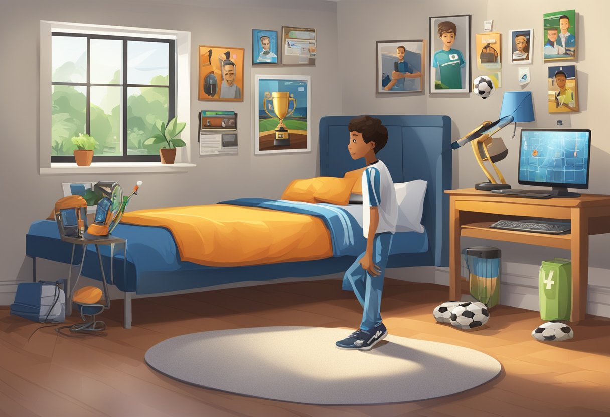 A young boy's bedroom with soccer trophies, posters of his father, and a computer displaying his social media accounts