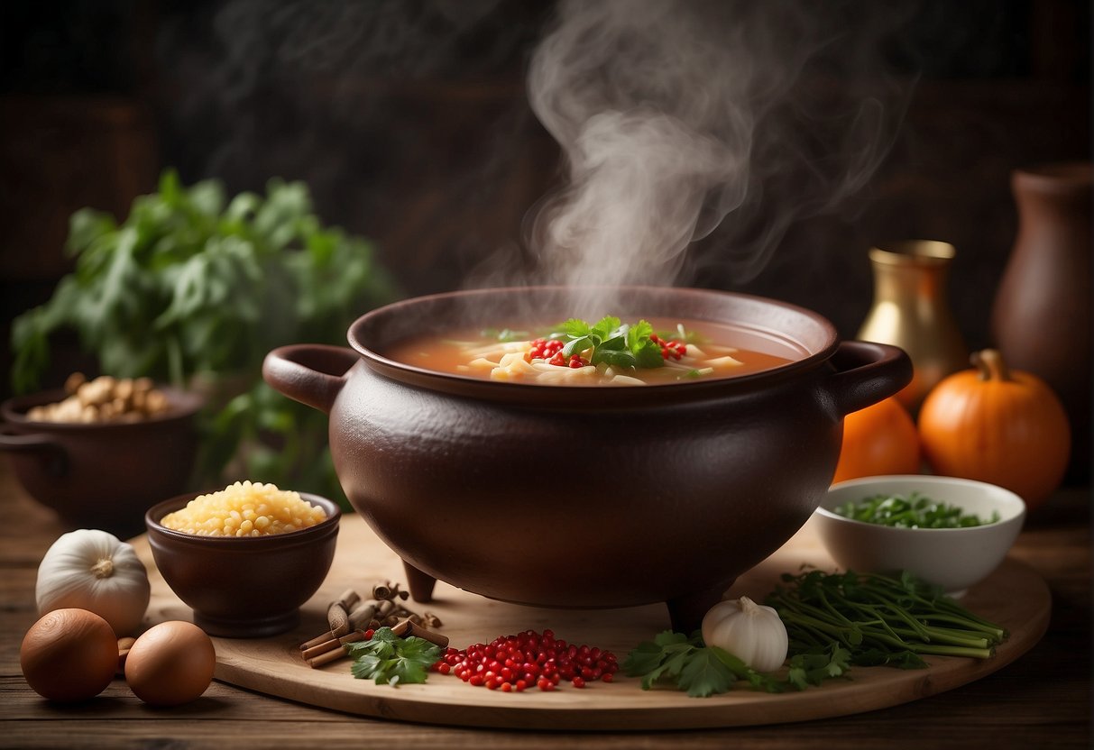 A steaming pot of amaranth soup sits on a rustic wooden table, surrounded by traditional Chinese cooking utensils and ingredients