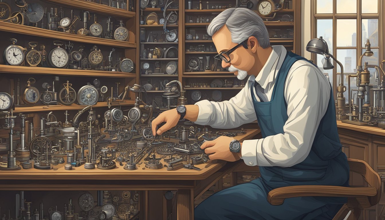 A watchmaker carefully assembles intricate gears and delicate hands, surrounded by tools and magnifying glasses. Shelves are filled with precision instruments and top watch brands on display