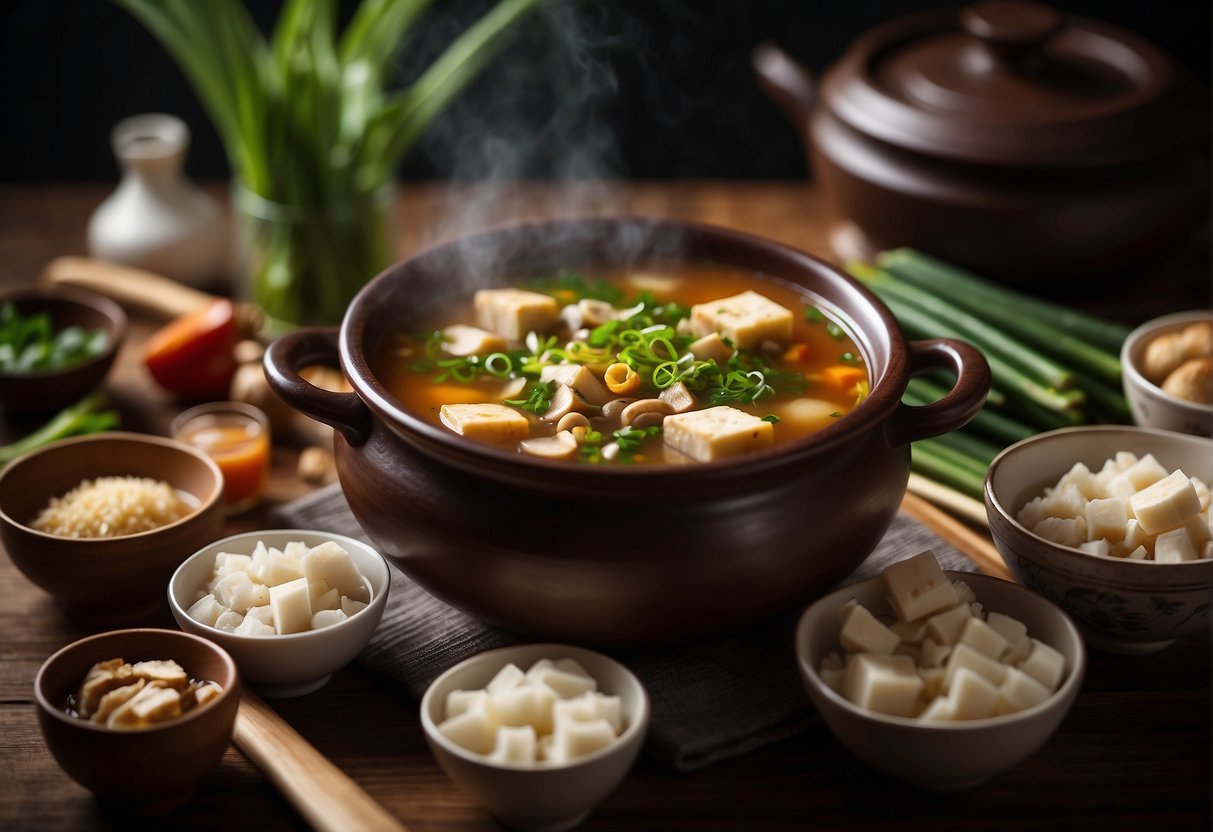 Amaranth soup simmers in a traditional Chinese pot, surrounded by fresh ingredients like mushrooms, tofu, and green onions. A steaming bowl of soup sits next to a pair of chopsticks on a wooden table