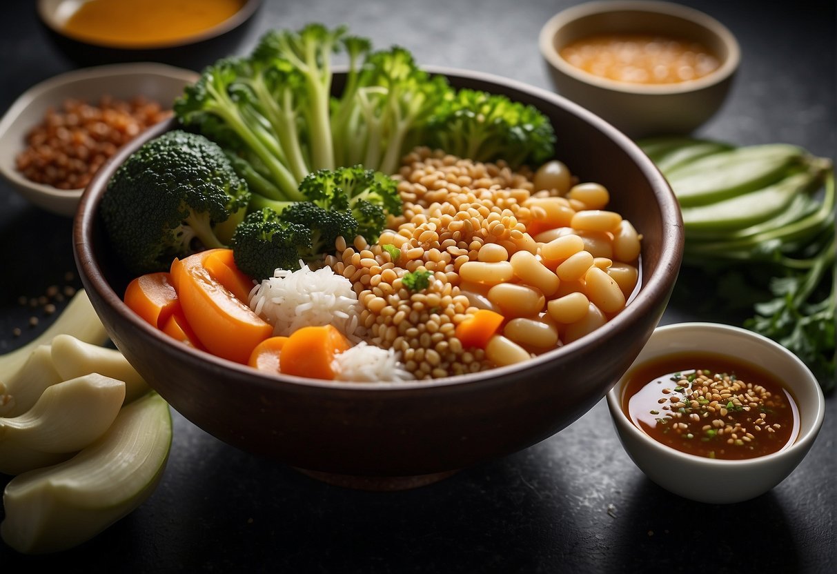 A variety of fresh vegetables and lean protein arranged around a bowl of homemade Chinese sauce, with ingredients like ginger, garlic, soy sauce, and sesame oil visible