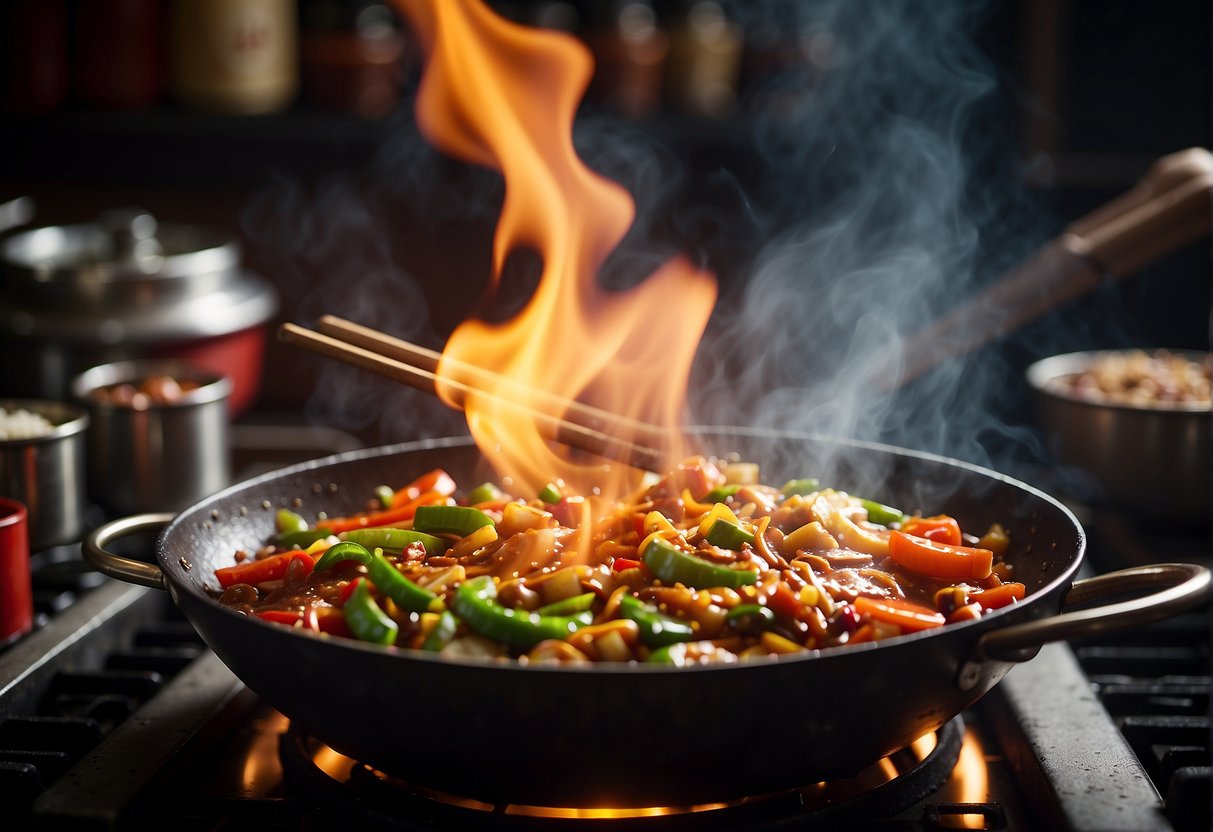 A wok sizzles with Chinese sauces, as ingredients are being stirred and mixed together over a hot flame