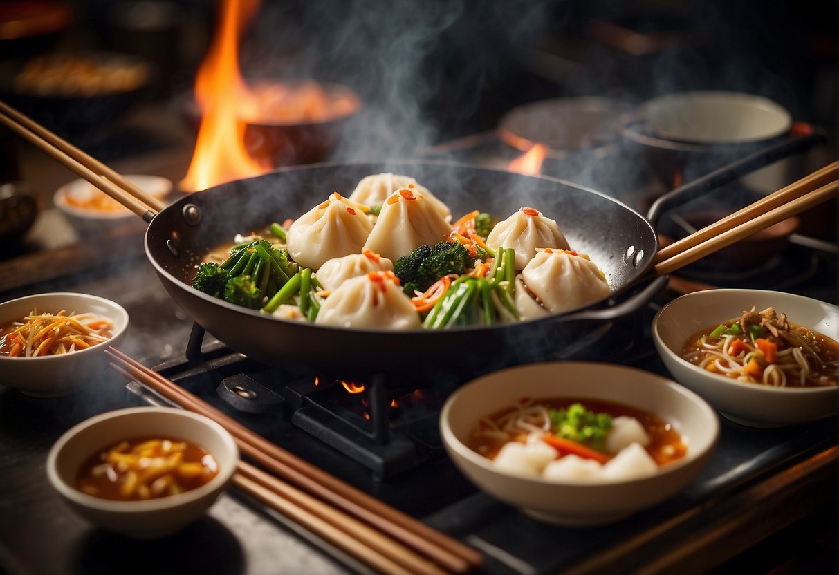 A table set with chopsticks, bowls of stir-fry, and steaming dumplings. A wok sizzles over a flame, filling the air with fragrant aromas