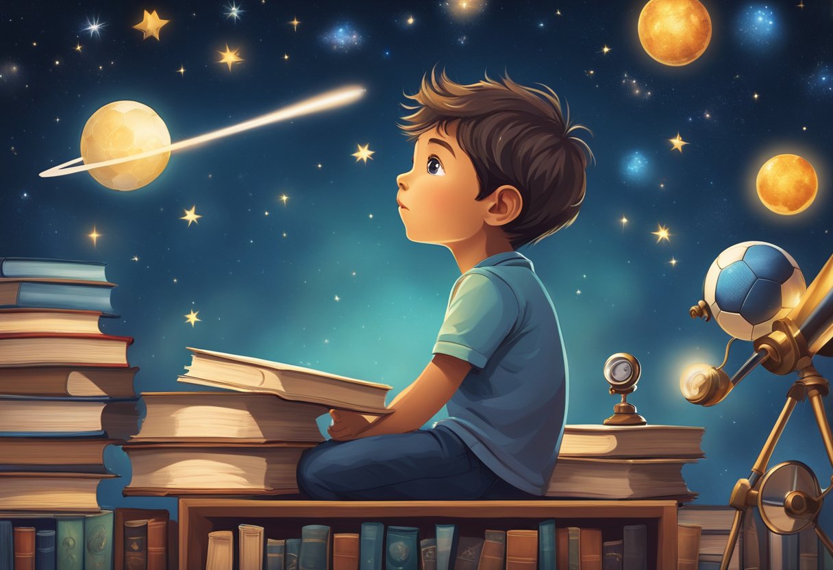 A young boy gazes up at a star-filled sky, surrounded by books, a soccer ball, and a telescope, symbolizing his future prospects and aspirations