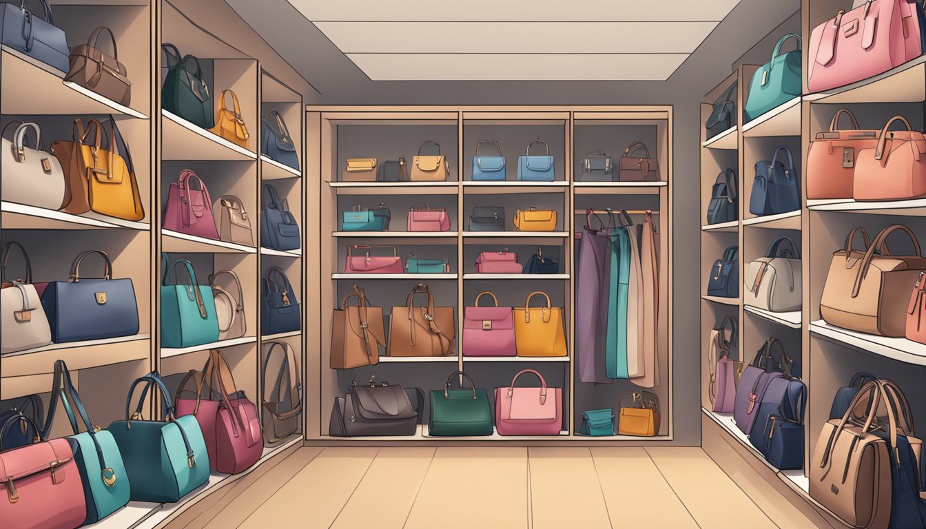A display of various ladies' bag brands arranged on shelves in a stylish boutique