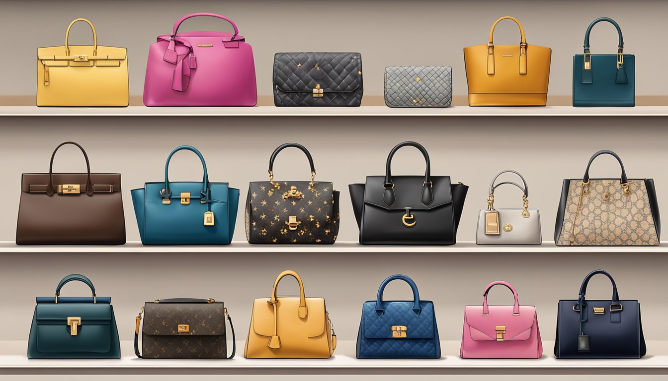 A display of iconic ladies bag brands arranged on a sleek, modern shelf in a high-end boutique