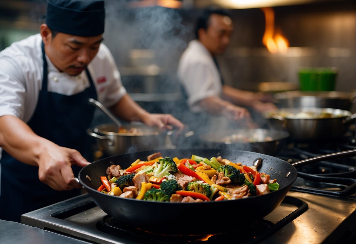A wok sizzles over high heat, as a chef stir-fries marinated meat and vegetables, adding soy sauce and spices for a fragrant American Chinese dish