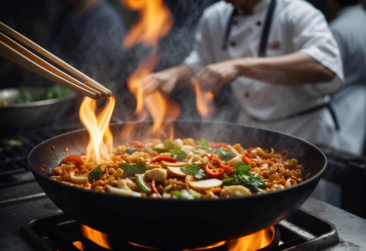 A wok sizzles as a chef adds soy sauce, ginger, and garlic to create a savory Chinese sauce. Steam rises as the ingredients meld together