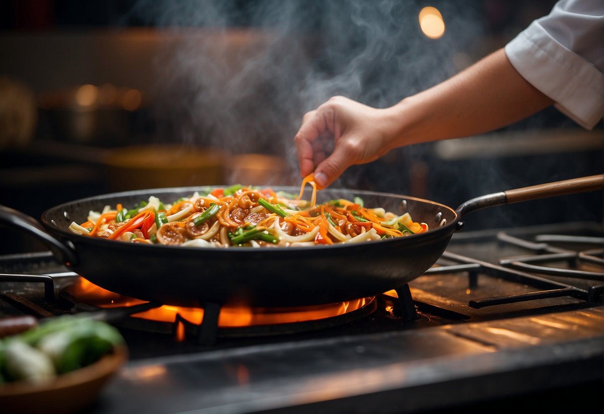 A wok sizzles as a chef stirs together soy sauce, vinegar, ginger, and sugar, creating a savory Chinese sauce