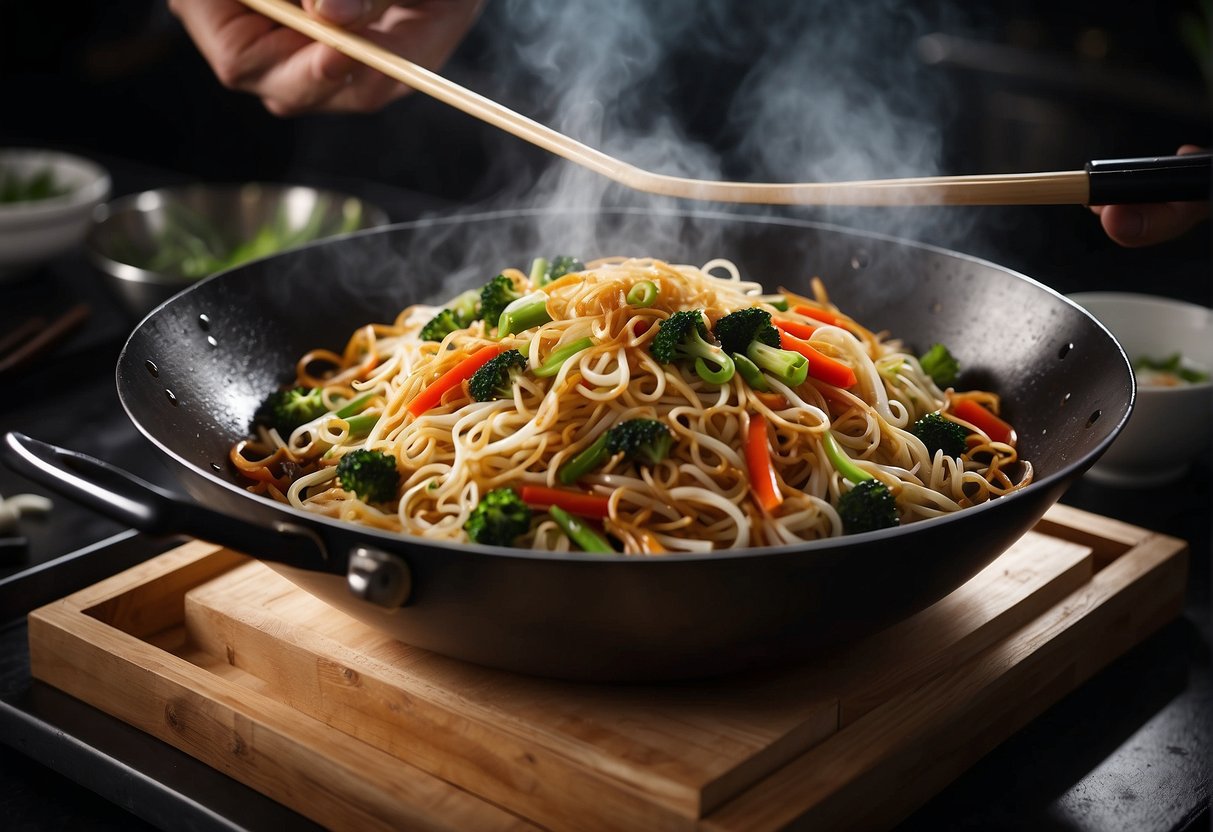 A wok sizzles as ingredients are stir-fried. A plate of steaming chow mein is garnished with fresh scallions and served with chopsticks