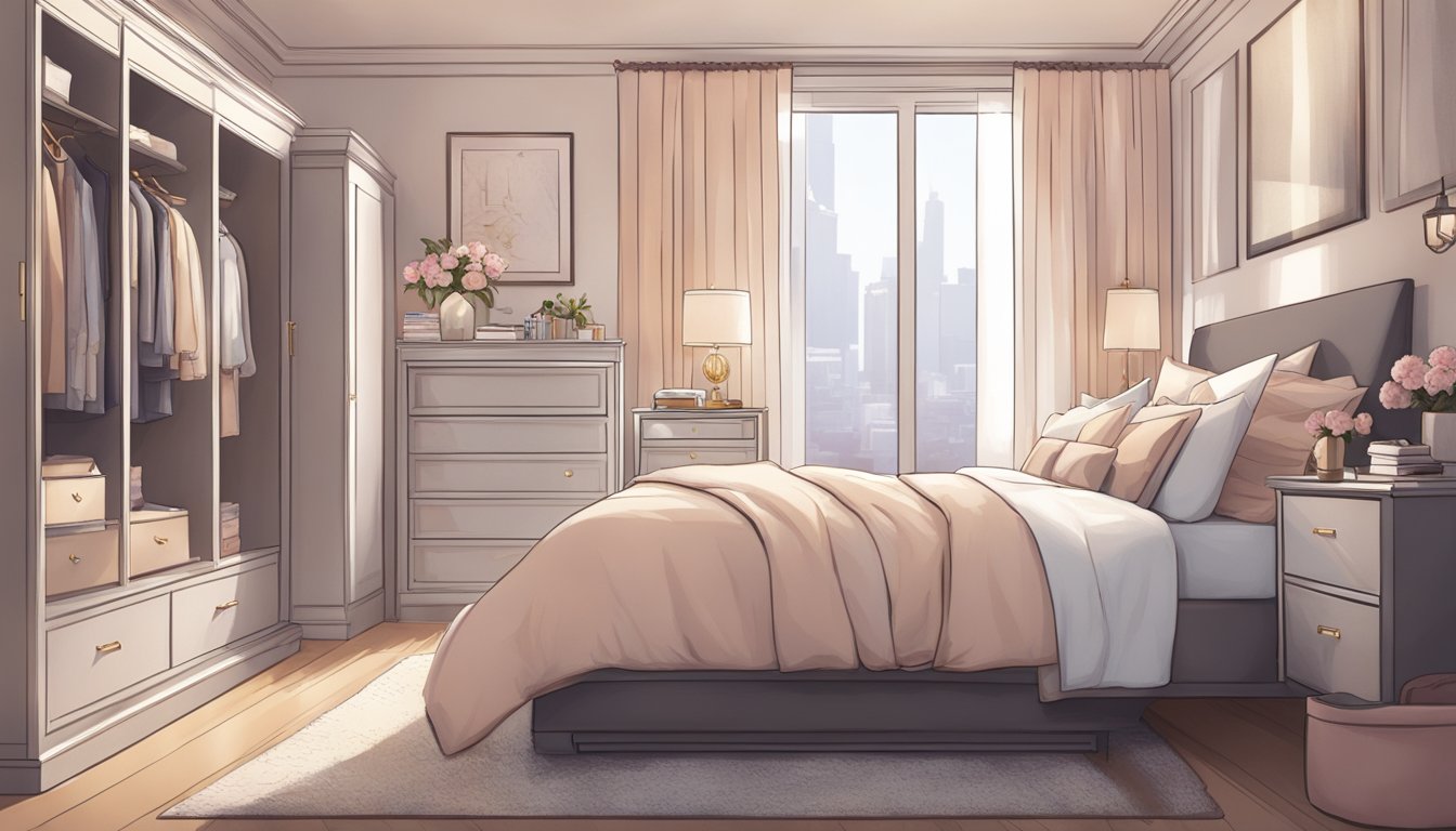 A cozy bedroom with stylish lingerie displayed on a sleek dresser, soft lighting creating an inviting ambiance