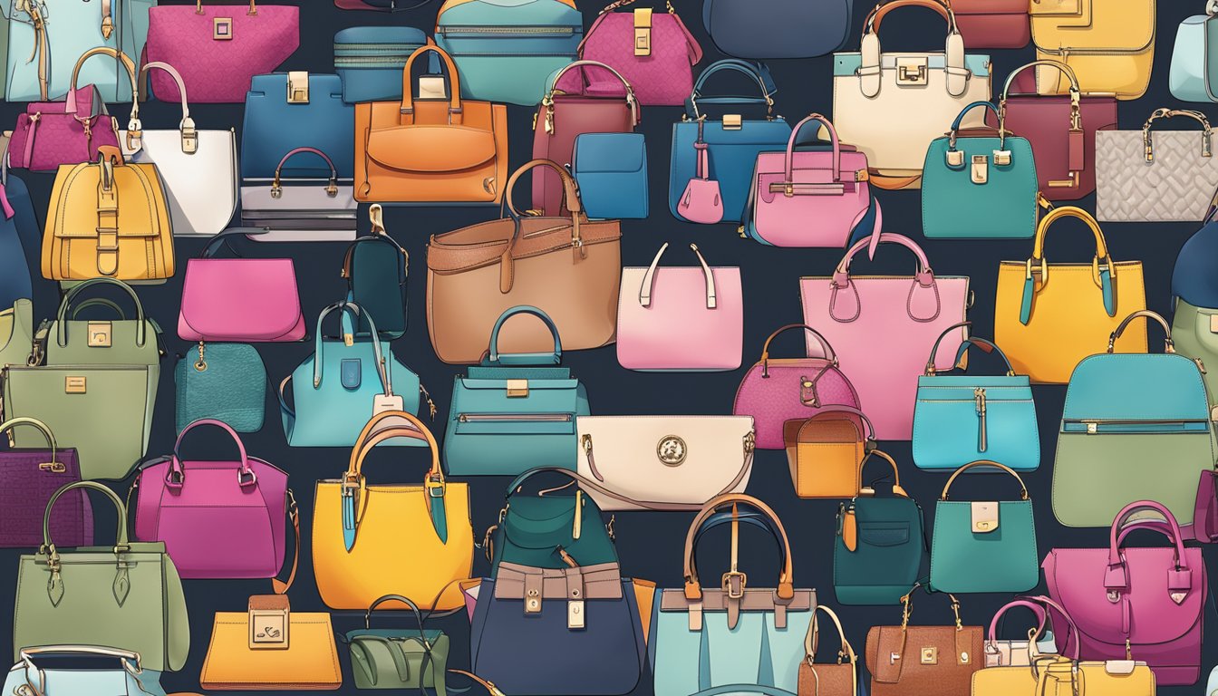 A display of modern women's handbags from various brands, showcasing emerging trends in design and style