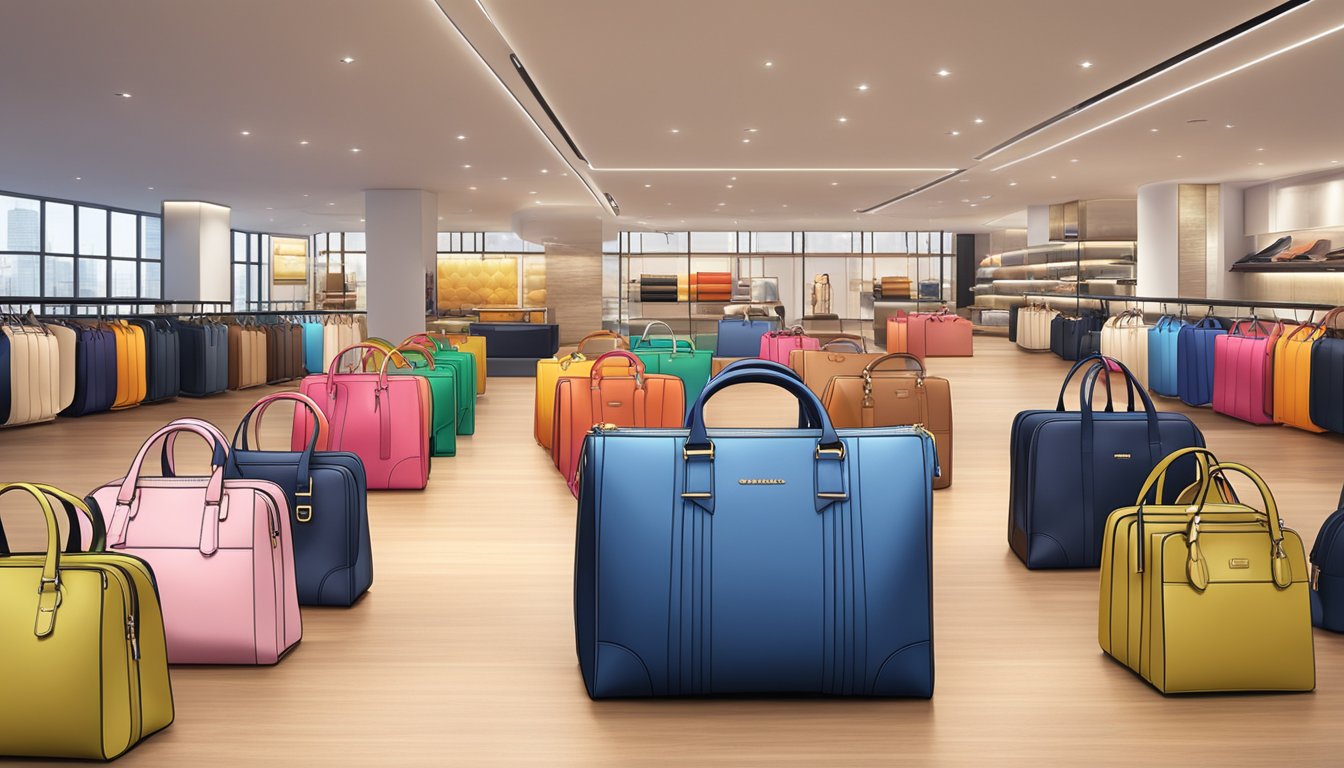 A display of top 10 branded bags in Singapore, arranged neatly with price tags and descriptions. Bright lighting highlights the luxurious designs