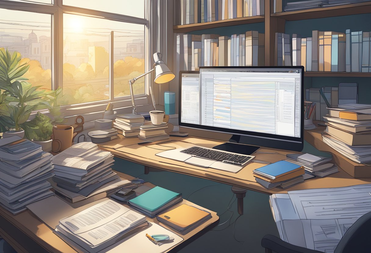 Alex Eubank's desk cluttered with books, papers, and a half-empty coffee mug. A computer screen displays lines of code as sunlight streams through the window