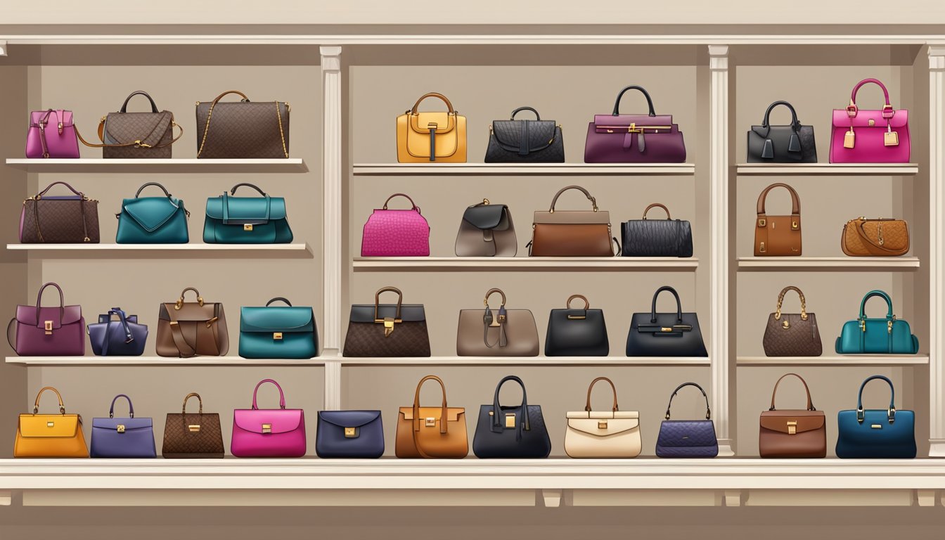 A collection of luxurious designer bags displayed on a sleek, modern shelf in a high-end boutique