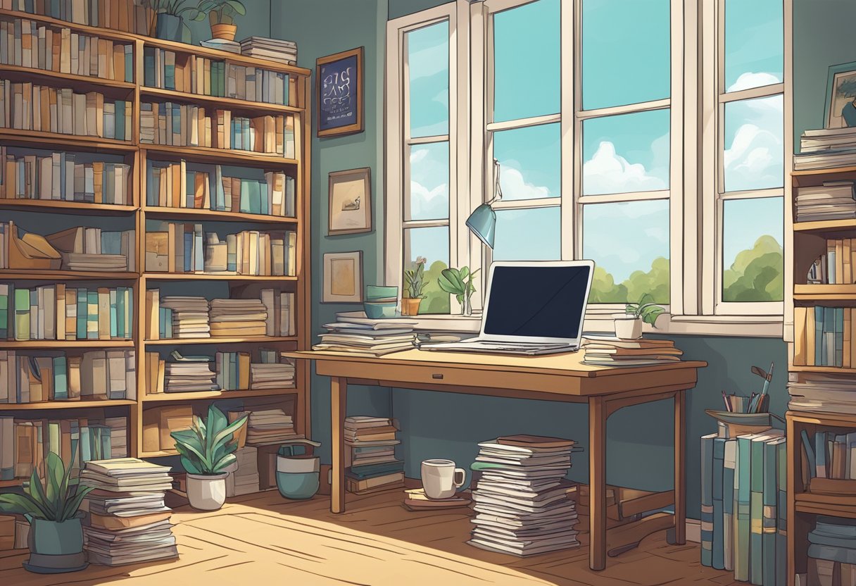 A cluttered desk with a laptop, notebooks, and a coffee mug. A bookshelf filled with various titles. A window with natural light streaming in