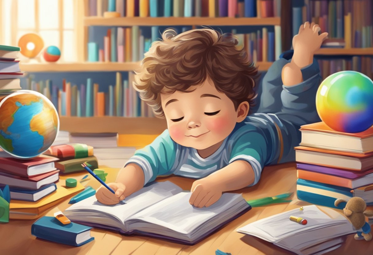 A young child playing with toys, surrounded by books and art supplies, dreaming of future success