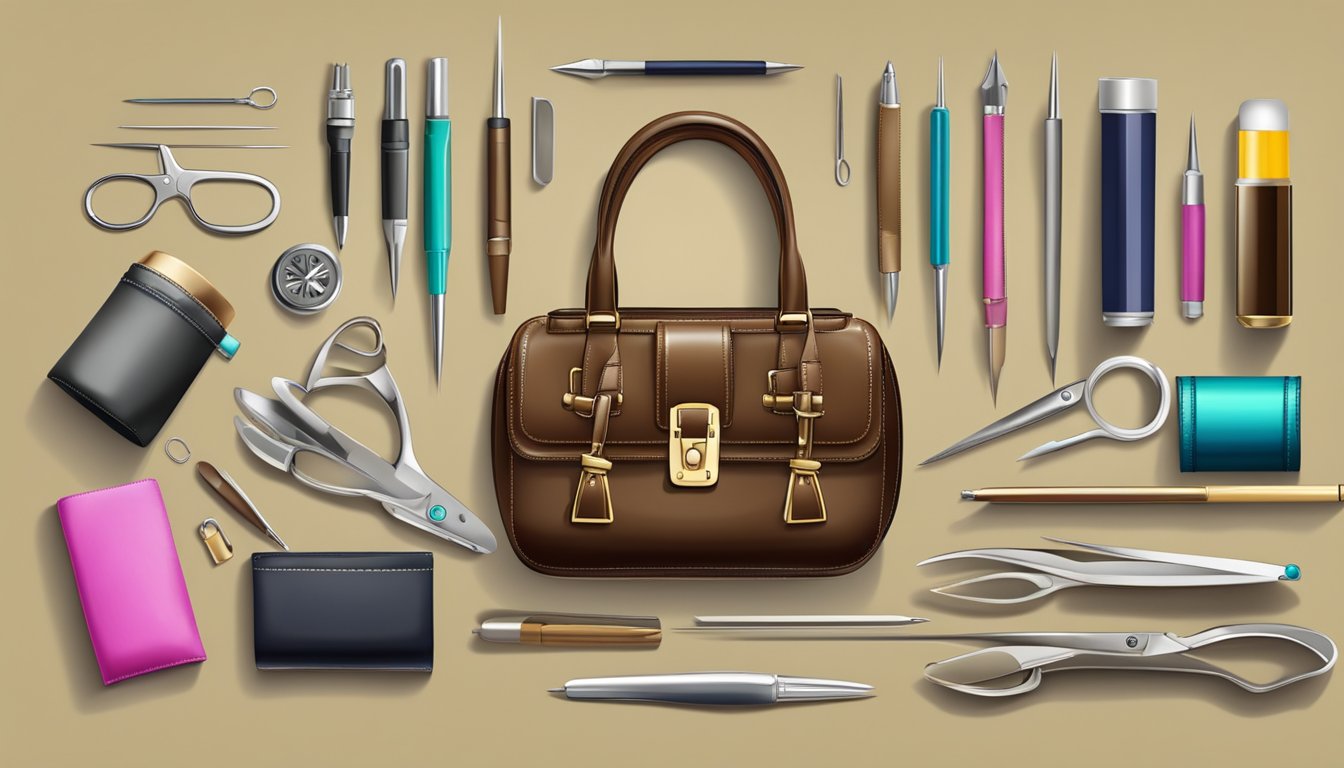 A table with various high-quality materials (leather, fabric, metal) and tools (needles, thread, scissors) used in creating luxury ladies' bags