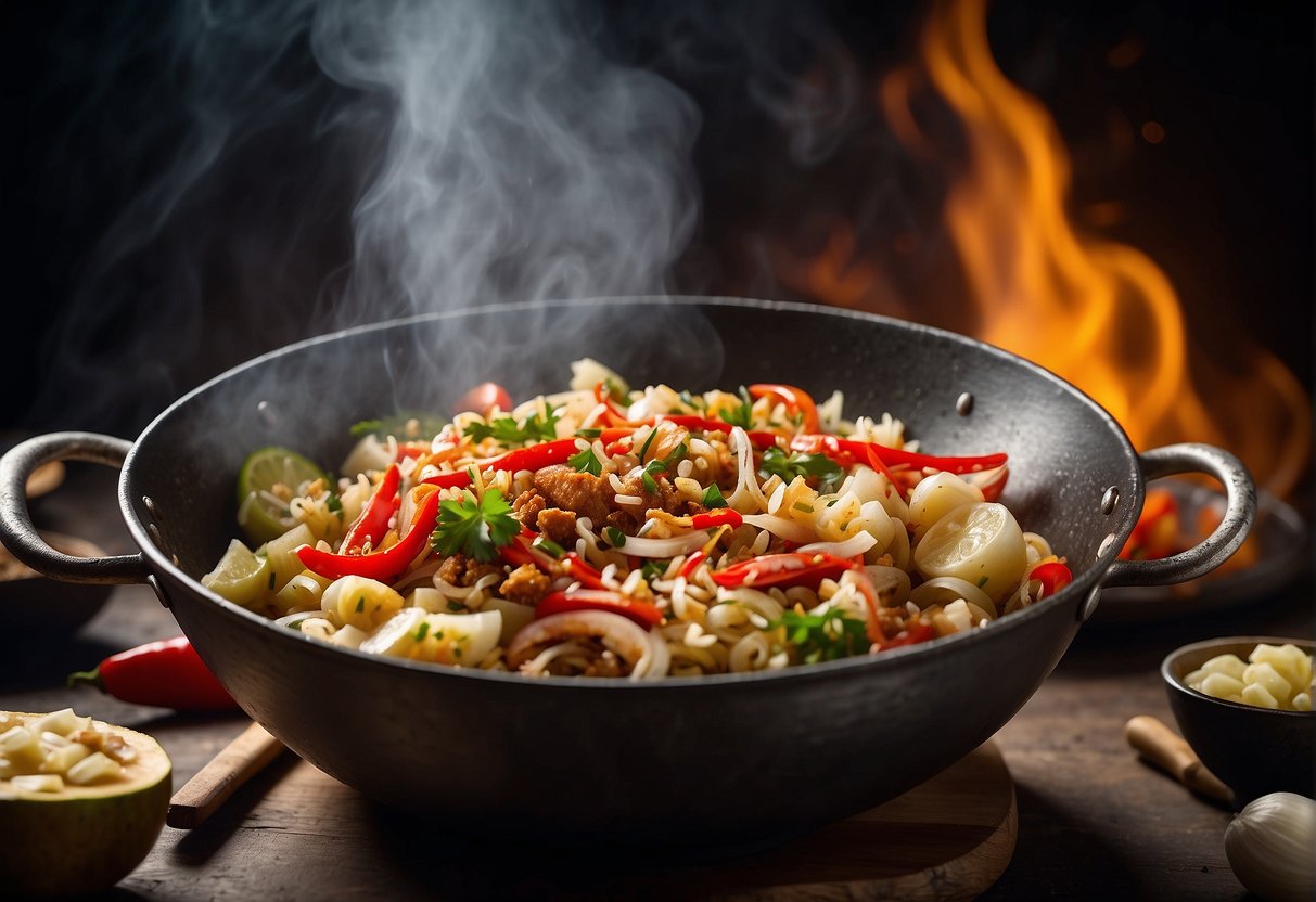 A large wok sizzles with red chili peppers, ginger, and garlic, as chunks of fish and tangy sauerkraut are added, creating a mouthwatering aroma