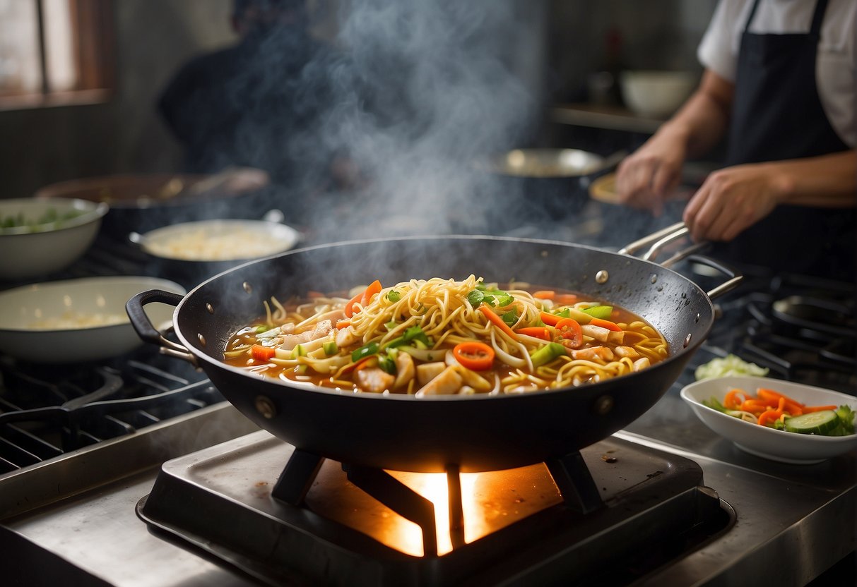 A large wok sizzles with spicy broth, pickled vegetables, and tender fish, creating a mouthwatering aroma in a bustling Chinese kitchen