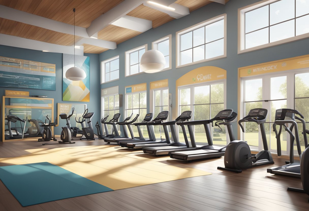 A gym with modern equipment, motivational quotes on the walls, and natural lighting streaming in through large windows