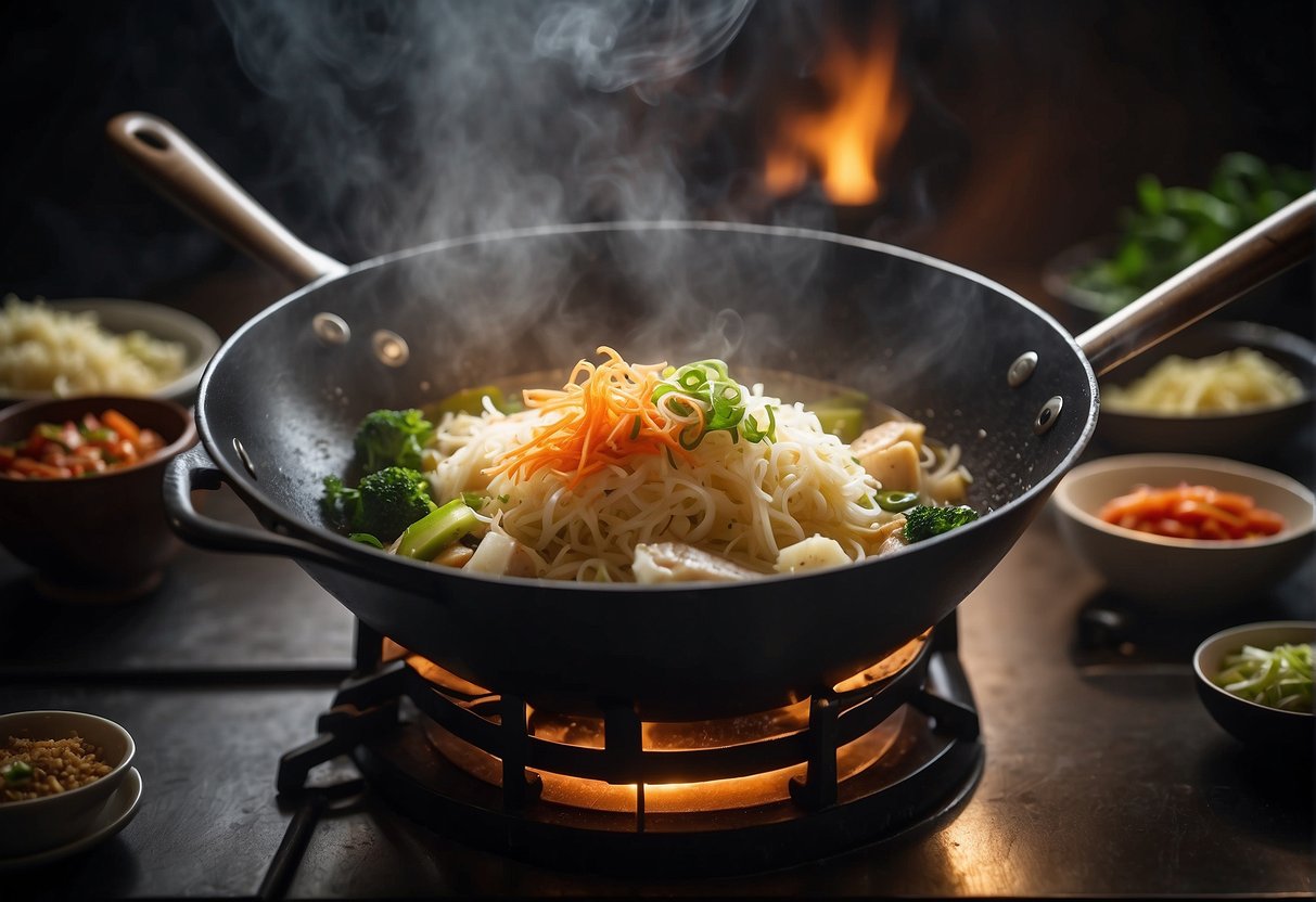 A wok sizzles with sauerkraut, ginger, and chili, as chunks of fish simmer in a savory broth, releasing fragrant steam