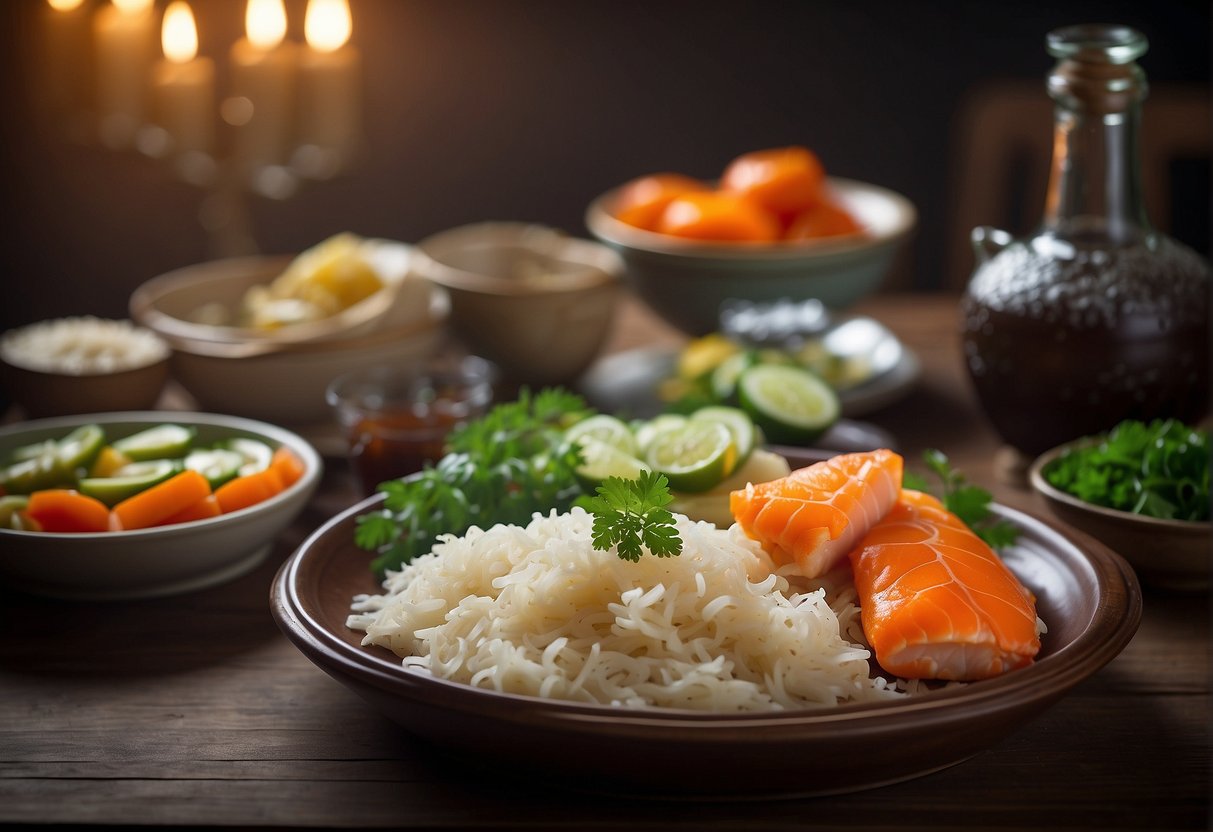 A table set with a steaming pot of sauerkraut fish, surrounded by colorful plates of pickled vegetables, fresh herbs, and a bottle of Chinese rice wine