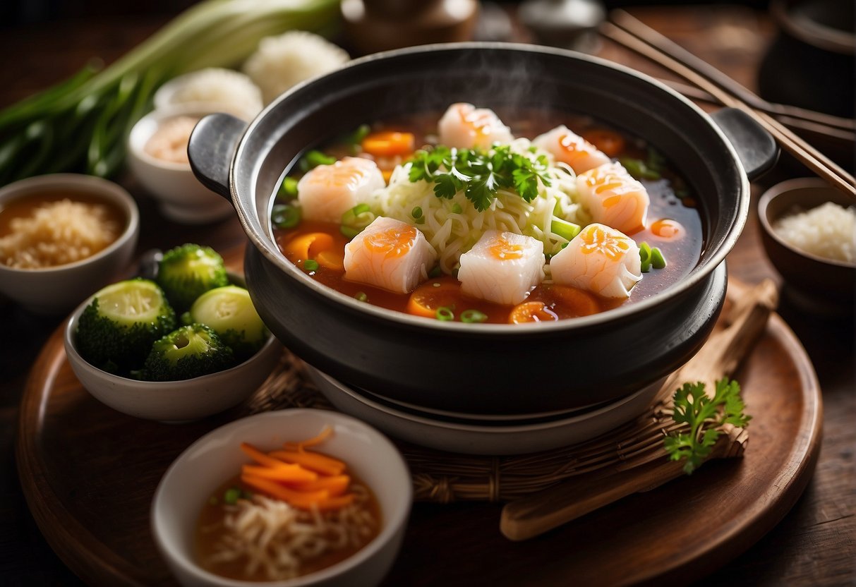 A steaming hot pot of Chinese sauerkraut fish bubbles with spicy red broth, chunks of tender fish, and colorful vegetables, surrounded by a table set with chopsticks and small bowls