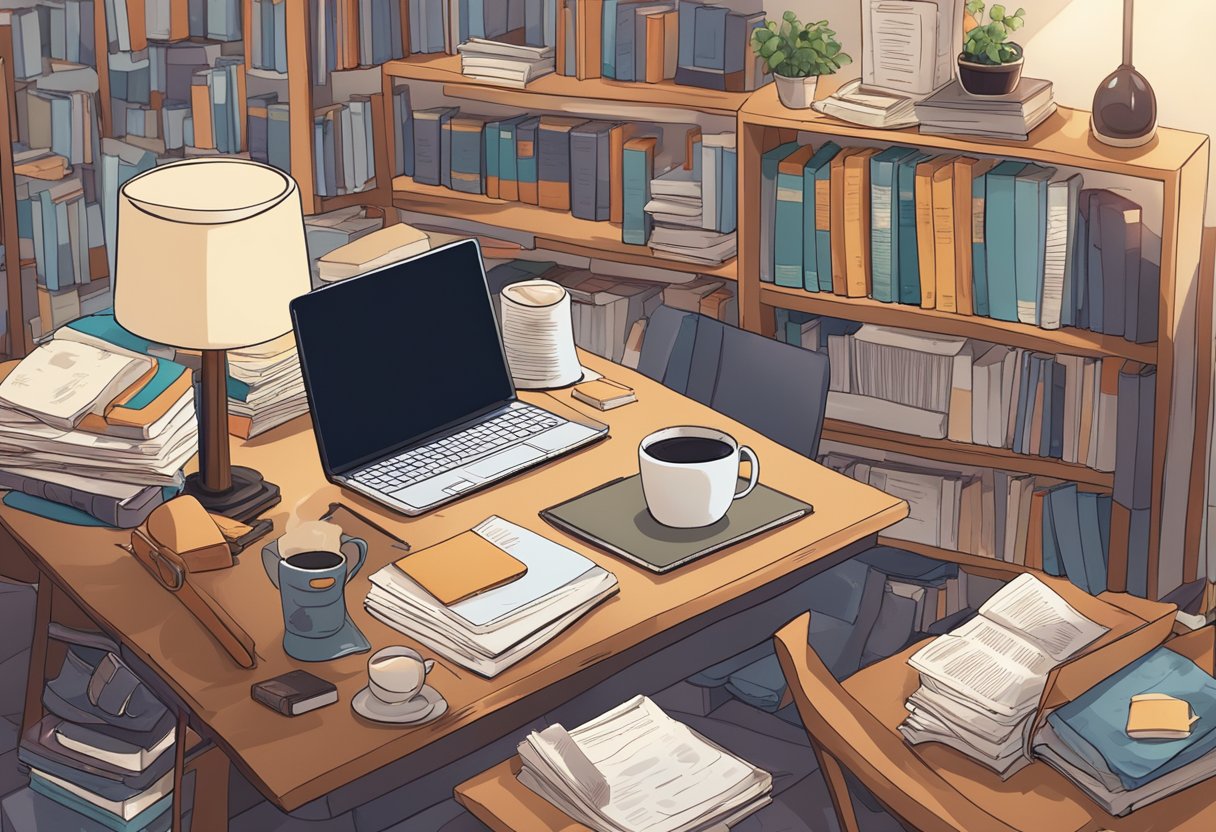 A cluttered desk with scattered papers, a half-empty coffee mug, and a laptop with multiple tabs open. A bookshelf filled with novels and personal mementos. A cozy armchair with a throw blanket draped over the back
