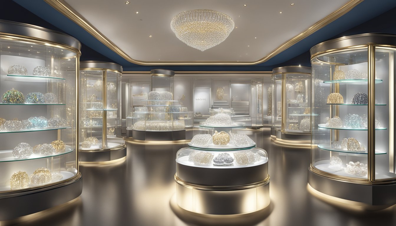 Shimmering display of top jewelry brands in a luxurious glass case. Bright lights accentuate the sparkle of diamonds, pearls, and precious metals