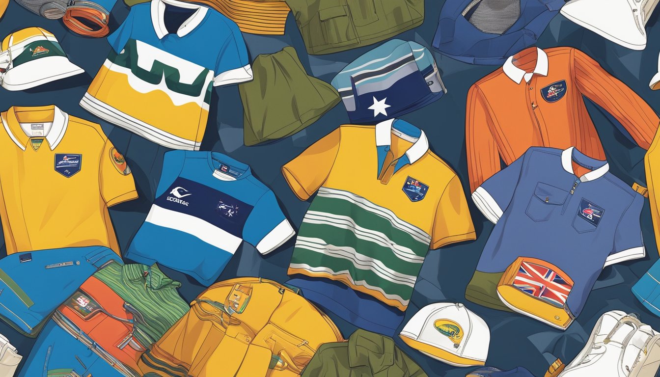 A colorful display of iconic Australian clothing brands, including well-known logos and designs, against a backdrop of the Australian landscape