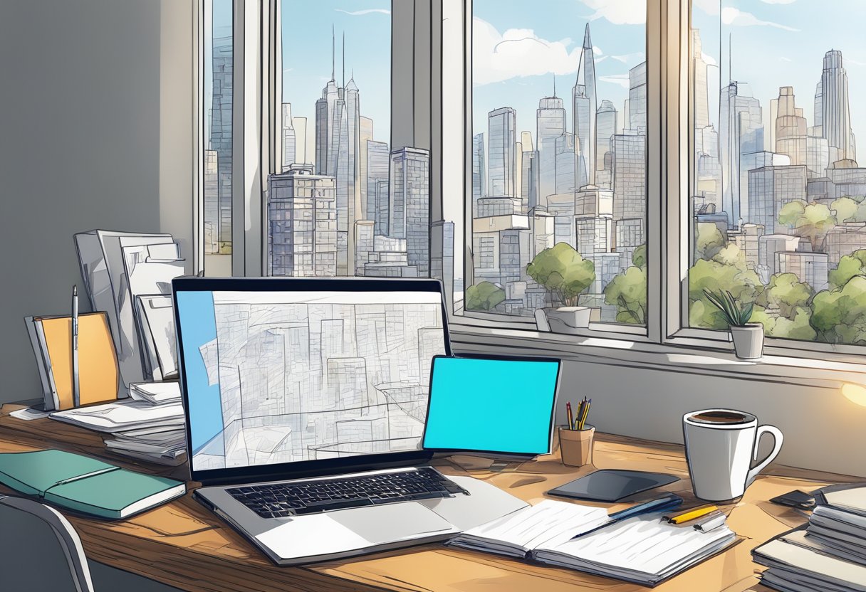 A cluttered desk with a laptop, notepad, and coffee mug. A whiteboard with scribbled ideas and a window showing a city skyline