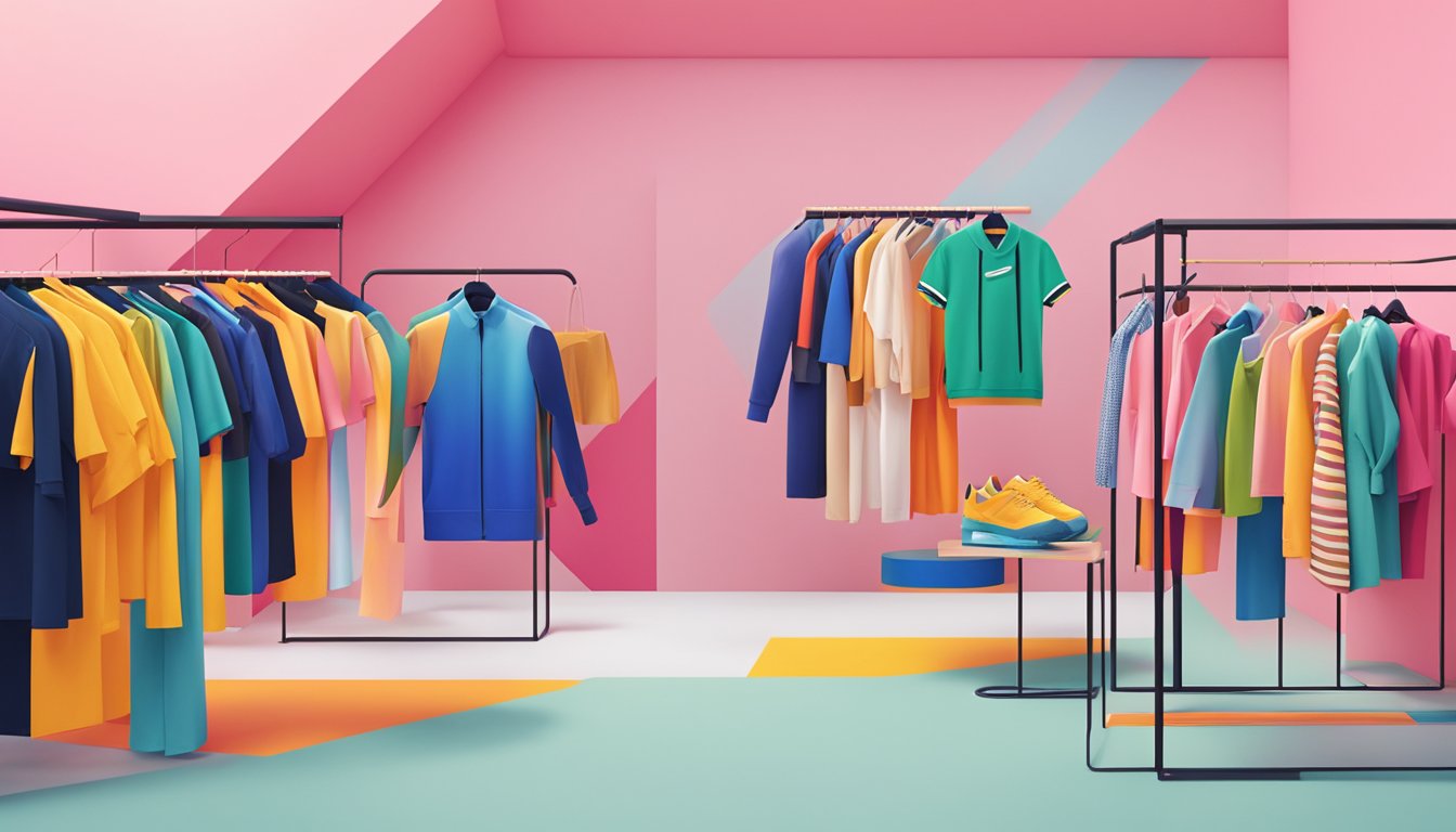 A vibrant display of Australian clothing brands at a fashion event. Bright colors and modern designs stand out against a minimalist backdrop