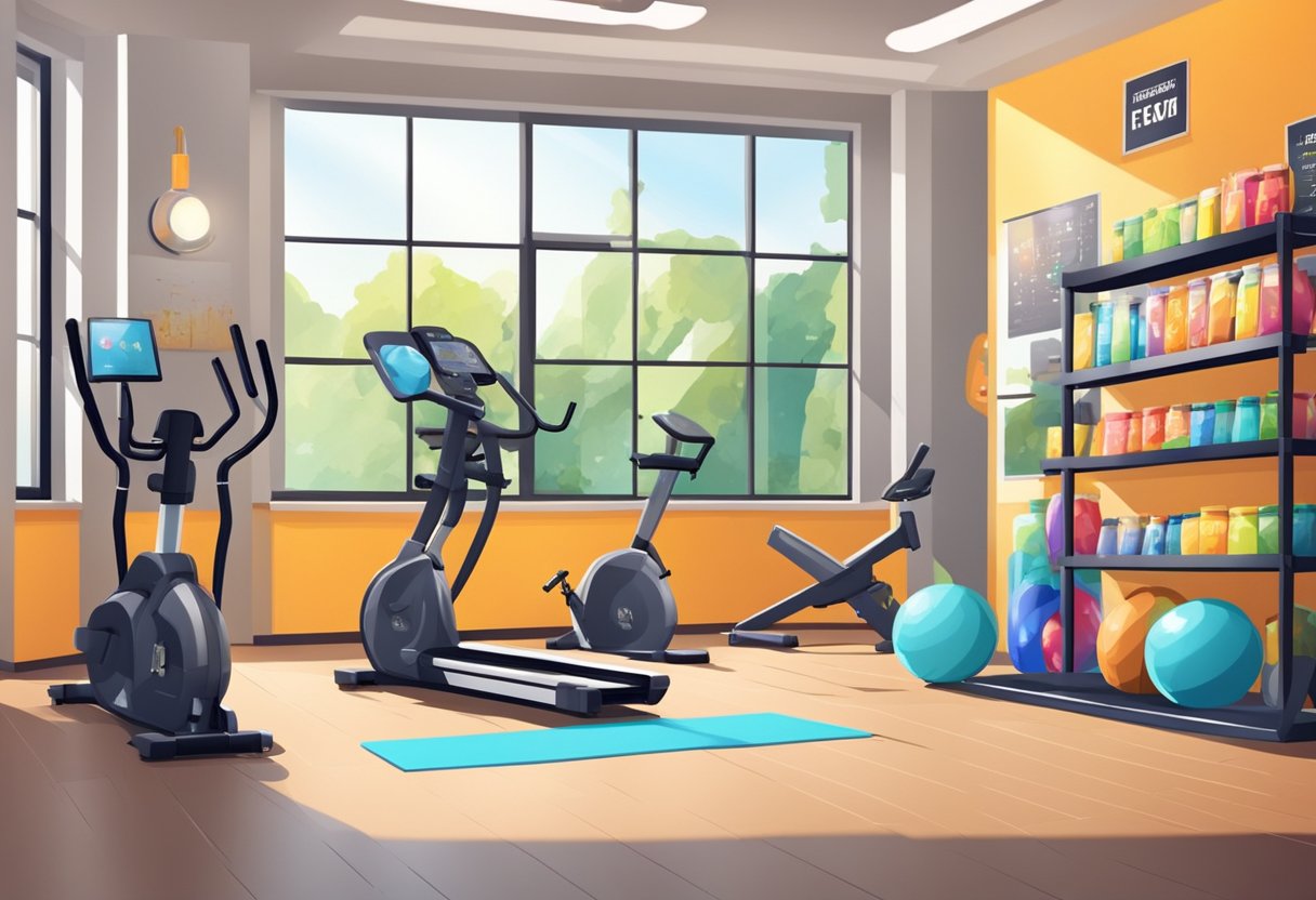 A gym with modern equipment and motivational posters. Bright lighting and energetic atmosphere. Display of fitness magazines and nutrition supplements
