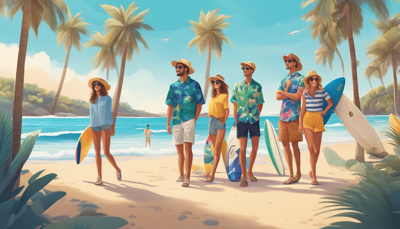 A vibrant beachside scene with people wearing trendy Australian clothing brands, surrounded by surfboards, palm trees, and a clear blue sky