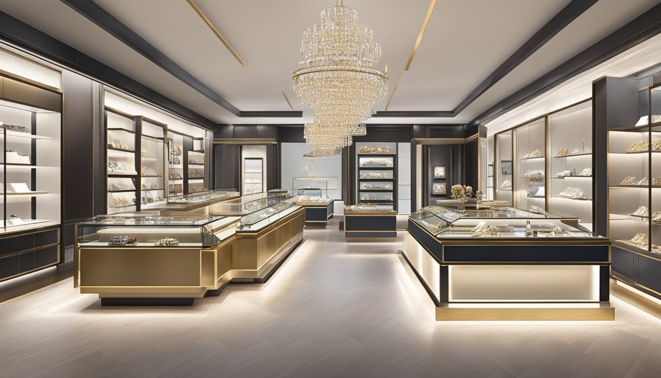 A sleek, modern jewelry store filled with elegant displays of top brands' stunning pieces. Shimmering necklaces, sparkling rings, and intricate bracelets catch the light, creating a luxurious and inviting atmosphere