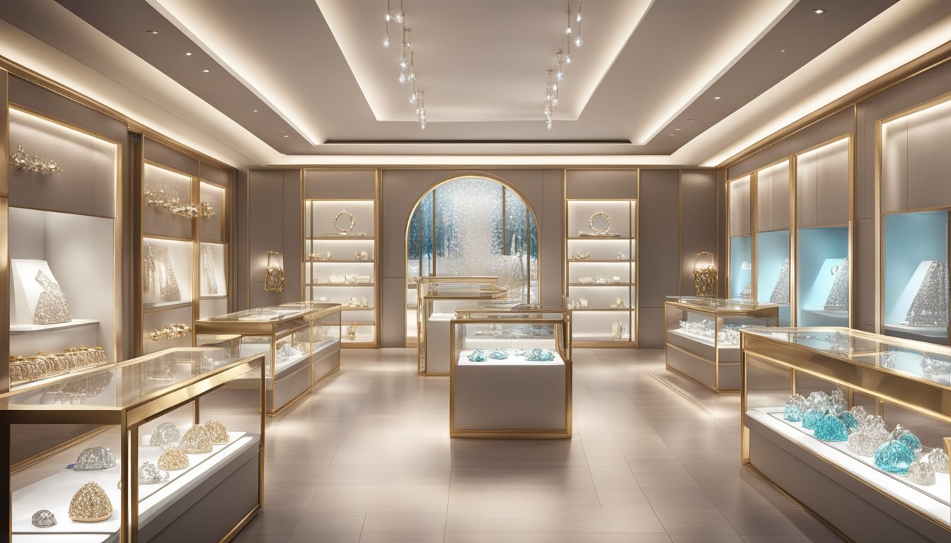 A display of elegant jewelry pieces from top luxury brands, sparkling under soft lighting in a sleek and modern showcase
