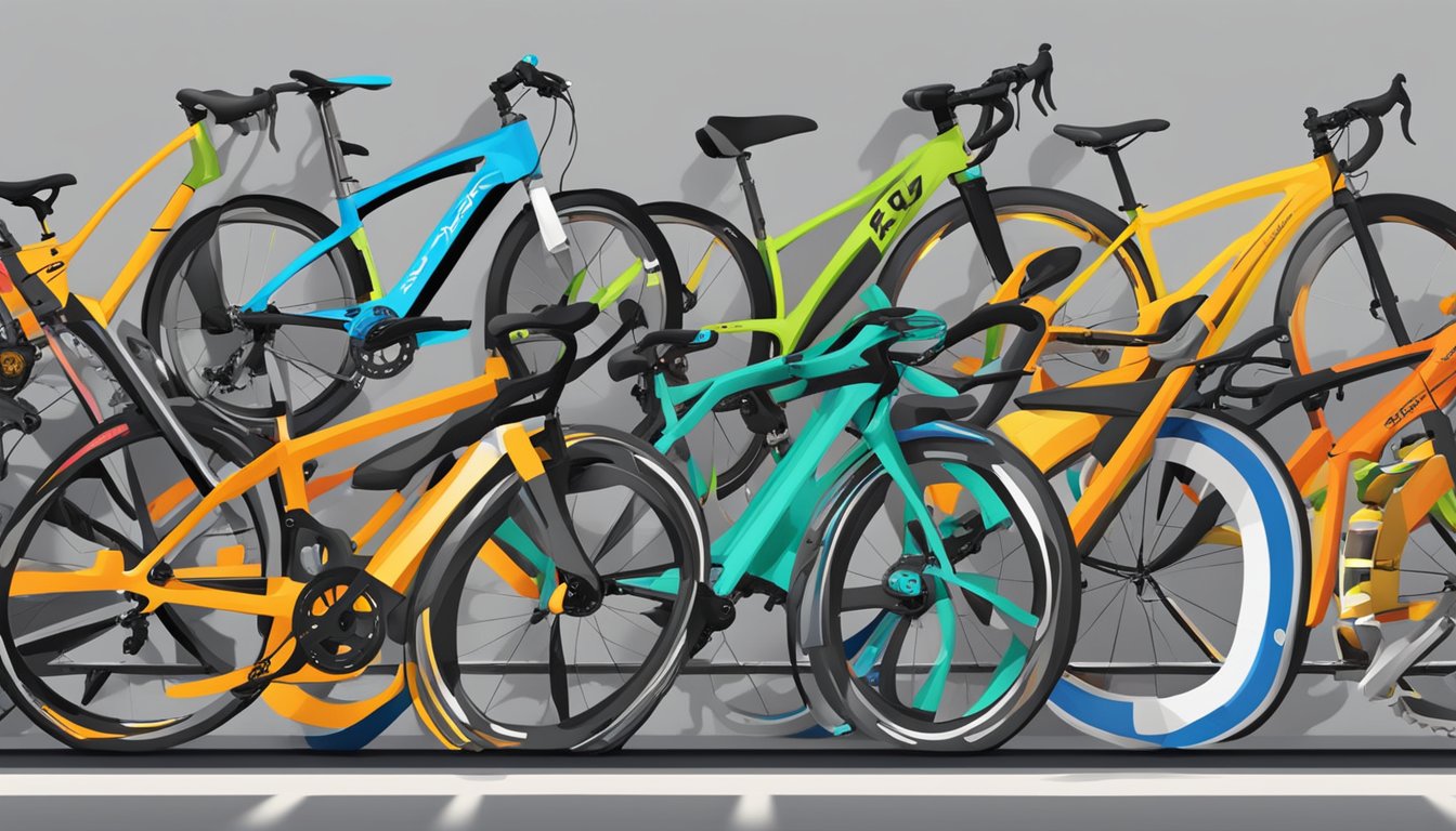 A row of colorful bike brands displayed on a shop wall